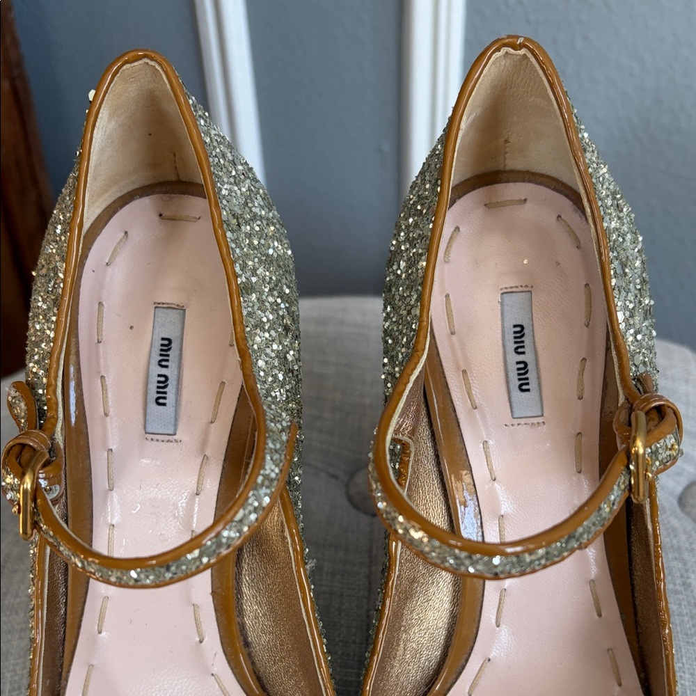 Miu Miu Gold Glitter Mary Jane Block Heels – Size 37.5 - Picture 2 of 15